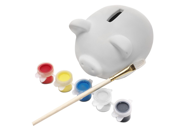 Gipssparschwein mit 5 Farben und Pinsel zum Selbstbemalen
