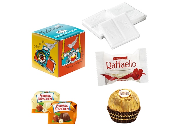 Mini Süßigkeiten Würfel mit Logo als Promotionartikel