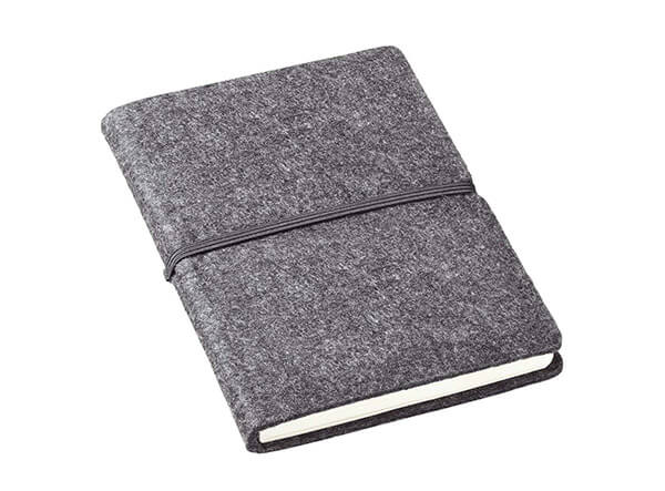 graues Notizbuch mit Filzeinband als Werbeartikel